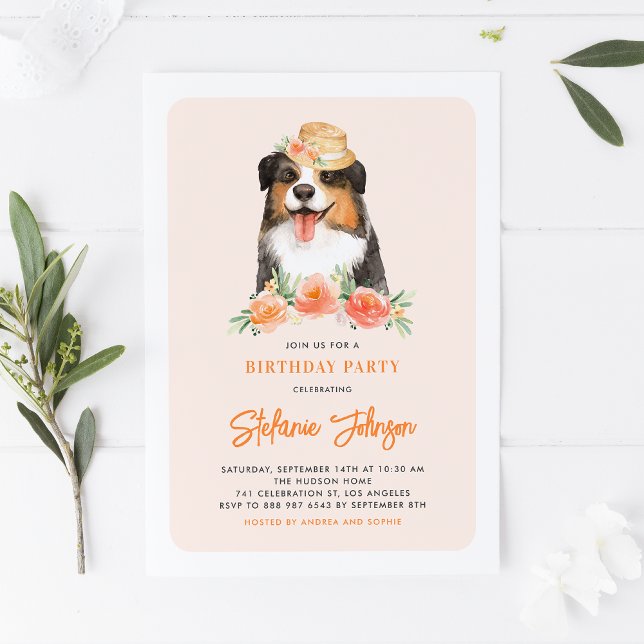 Cute Border Collie Peach Floral Kids Birthday Invitation (Creator Uploaded)