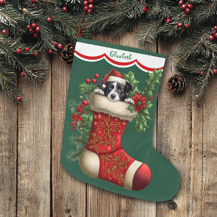 Cute Border Collie Peeking Large Christmas Stocking