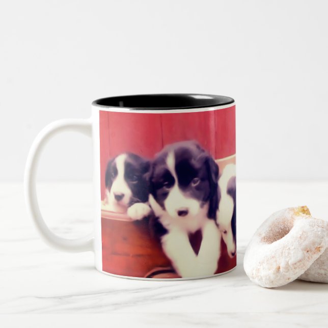 Cute Border Collie Puppies Animal Art Two-Tone Coffee Mug (With Donut)