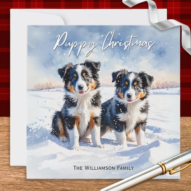 Cute Border Collie Puppies In Snow Puppy Christmas Holiday Card (A personalized Christmas card with illustration of two cute border collie puppies in the winter snow)