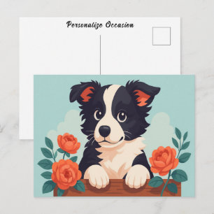 Cute Border Collie Puppy Dog Orange Roses Fun Art Holiday Postcard
