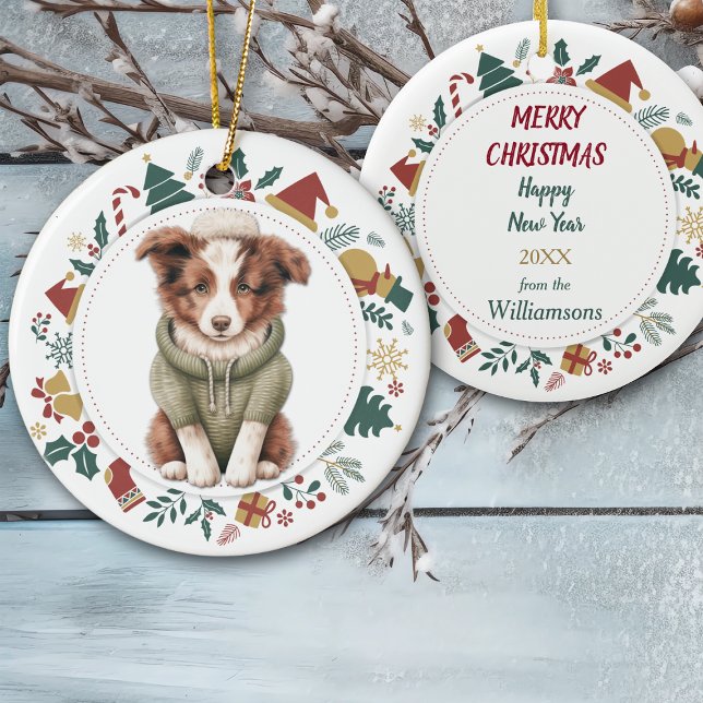 Cute Border Collie Puppy in Winter Sweater Ceramic Ornament (Creator Uploaded)