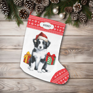 Cute Border Collie Puppy Santa Hat Snowflake Large Christmas Stocking