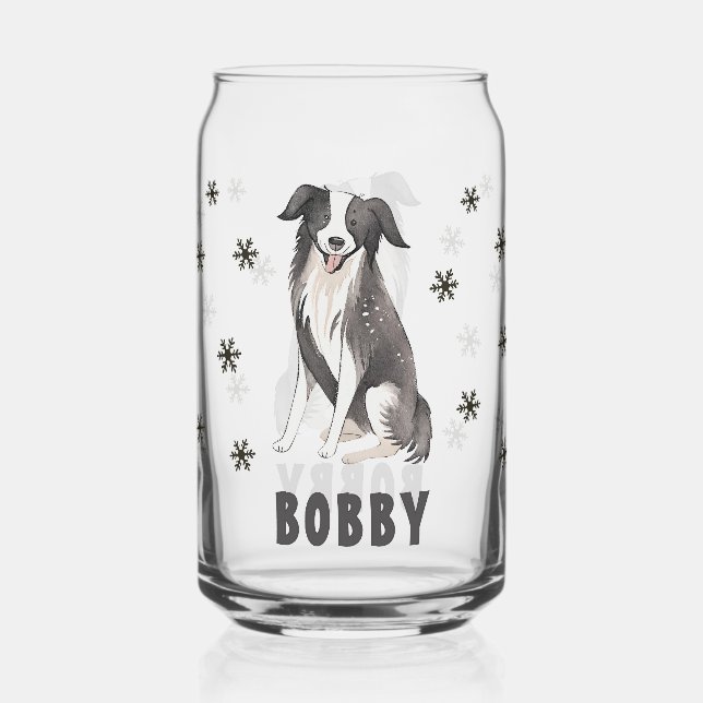 Cute Border Collie Snowflakes Dog Name Can Glass (Front)