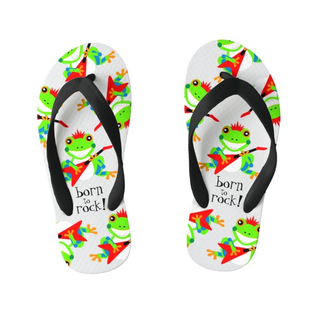 Cute Born to Rock Tree Frogs with Red Guitars Kid's Thongs (Footbed)