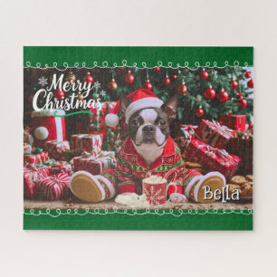 Cute Boston Terrier Christmas Pyjamas Personalised Jigsaw Puzzle
