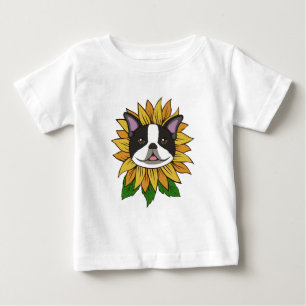 Cute Boston Terrier Dog Face on Sunflower Baby T-Shirt