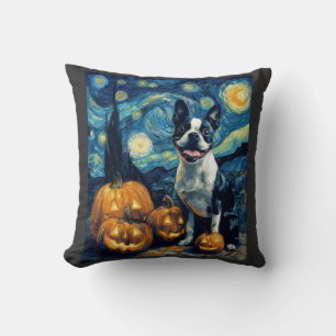 Cute Boston Terrier Dog Halloween Jack O Lantern P Cushion