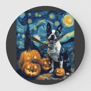 Cute Boston Terrier Dog Halloween Jack O Lantern P Large Clock