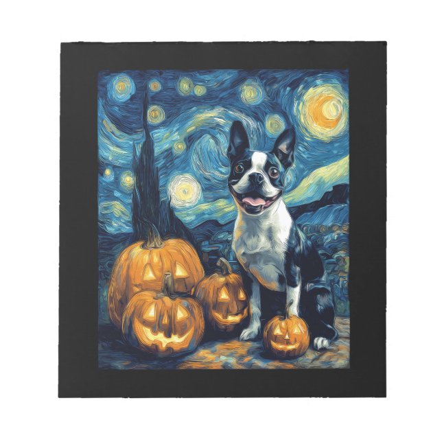 Cute Boston Terrier Dog Halloween Jack O Lantern P Notepad (Front)