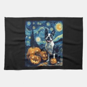 Cute Boston Terrier Dog Halloween Jack O Lantern P Tea Towel