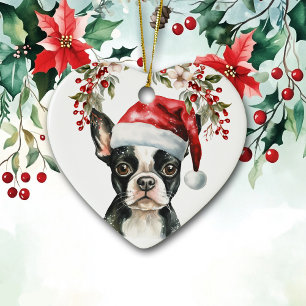Cute Boston Terrier Dog Holly Berry Christmas Ceramic Ornament