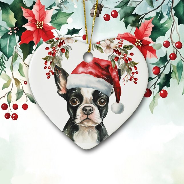 Cute Boston Terrier Dog Holly Berry Christmas Ceramic Ornament (Creator Uploaded)