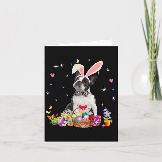 Cute Boston Terrier Easter Day Bunny Eggs Easter  Card (Front)