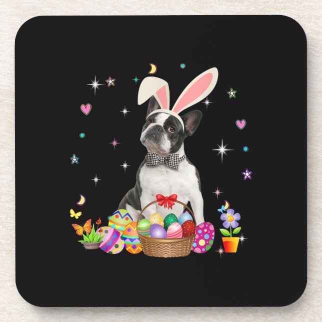 Cute Boston Terrier Easter Day Bunny Eggs Easter Coaster (Front)
