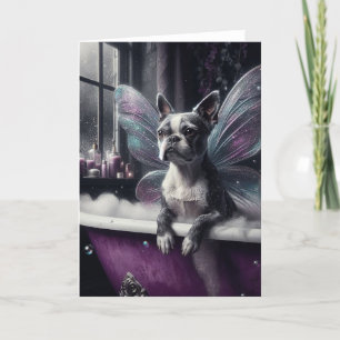 Cute Boston Terrier Fairy  in a Purple Bathtub Card