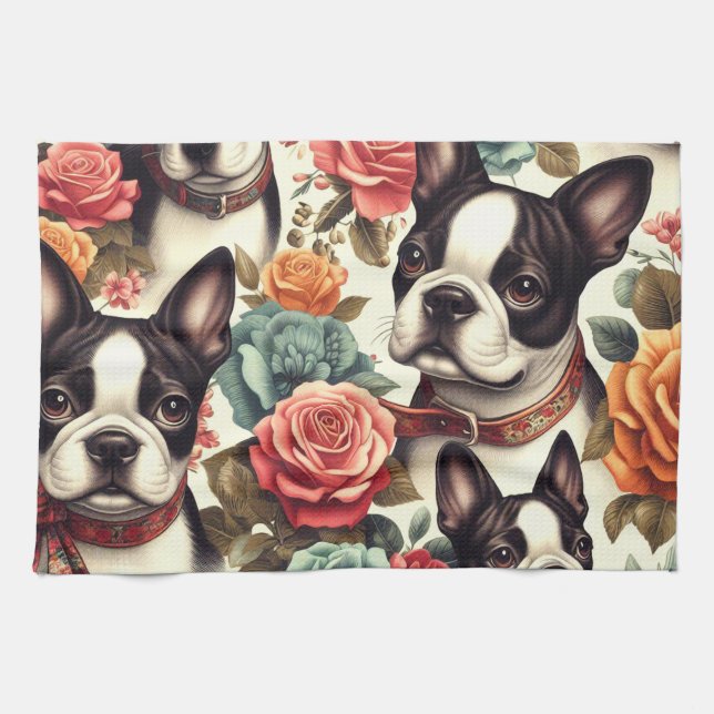 Cute Boston Terrier Illustration Tea Towel (Horizontal)