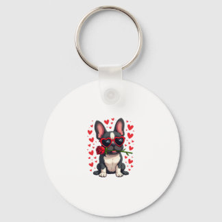 Cute Boston Terrier in Glasses Rose Valentine's Da Key Ring