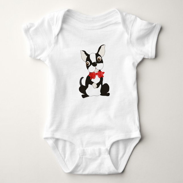 Cute Boston Terrier in Red Bow Tie Baby Bodysuit (Front)