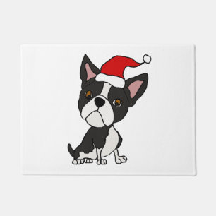 Cute Boston Terrier in Santa Hat Christmas Cartoon Doormat