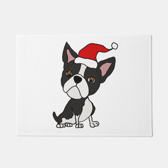 Cute Boston Terrier in Santa Hat Christmas Cartoon Doormat (Front)