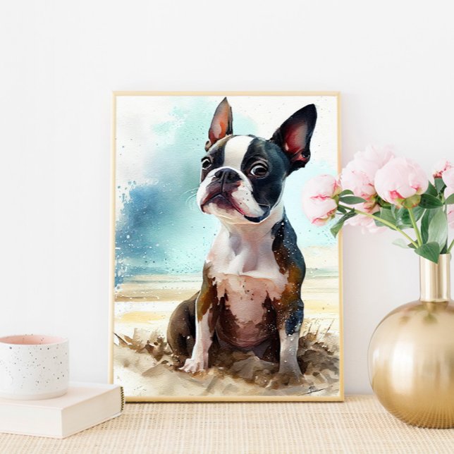 Cute Boston Terrier On The Beach Wall Art Print (Creator Uploaded)