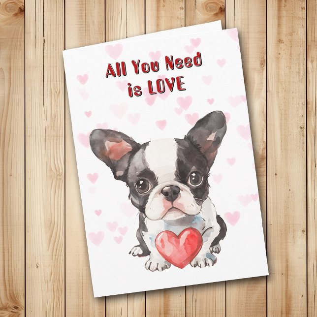 Cute Boston Terrier Puppy All You Need Valentine Holiday Card (Creator Uploaded)