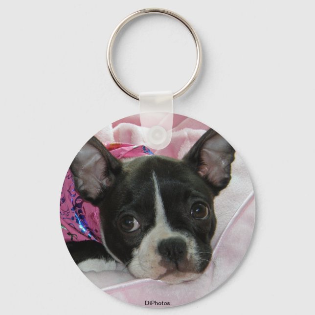 Cute Boston Terrier Puppy Key Ring (Front)