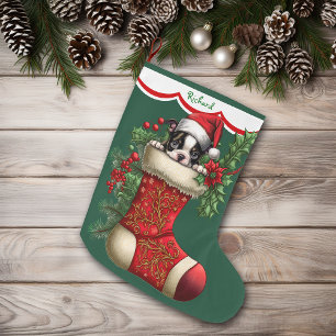 Cute Boston Terrier Puppy Peeking Large Christmas Stocking