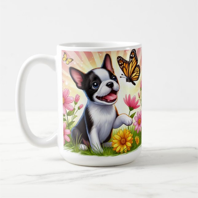 Cute Boston Terrier Puppy Playing With Butterfly  Coffee Mug (Left)