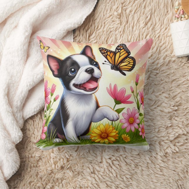 Cute Boston Terrier Puppy Playing With Butterfly  Cushion (Blanket)