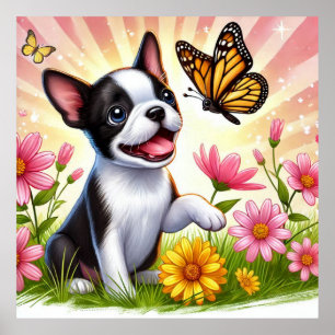 Cute Boston Terrier Puppy Playing With Butterfly Poster