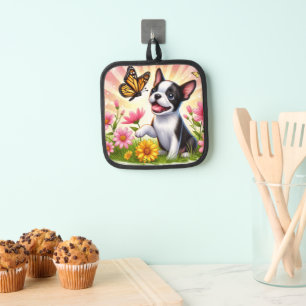 Cute Boston Terrier Puppy Playing With Butterfly Pot Holder