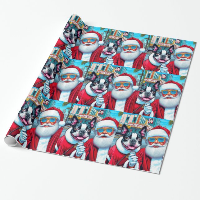 Cute Boston Terrier Santa Clause Christmas Design Wrapping Paper (Unrolled)