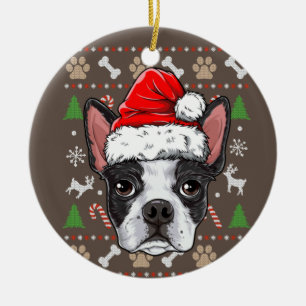 Cute Boston Terrier Ugly Christmas Sweater Santa Ceramic Ornament