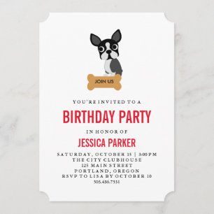 Cute Boston Terrier with Bone Birthday Party Invitation