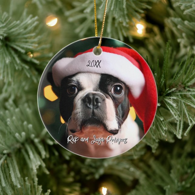 Cute Boston Terrier with Santa Hat Christmas Ceramic Ornament (Tree)