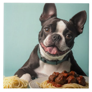 Cute Boston Terrier With Spaghetti Bolognaise  Ceramic Tile