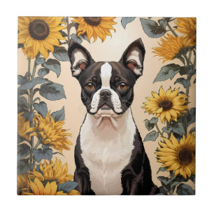 Cute Boston Terrier Yellow Sunflowers Ceramic Tile
