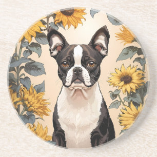 Cute Boston Terrier Yellow Sunflowers Coaster