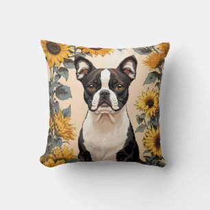 Cute Boston Terrier Yellow Sunflowers Cushion