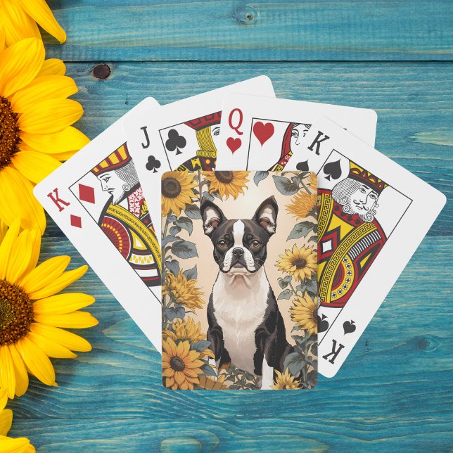 Cute Boston Terrier Yellow Sunflowers Playing Cards (Creator Uploaded)