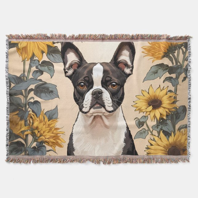 Cute Boston Terrier Yellow Sunflowers Throw Blanket (Front)