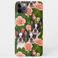 Cute Boston Terriers Enchanted Pink Rose Garden