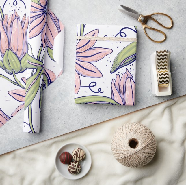 Cute botanical flowers pink and green l Occasion Wrapping Paper (Crafts)