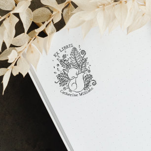 Cute Botanical Fox, Library Ex Libris Rubber Stamp