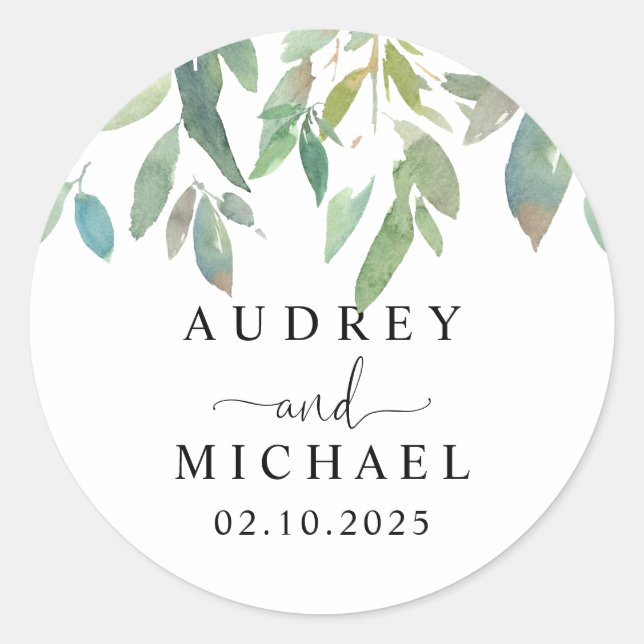 Cute Botanical Greenery Sage Green Couple Wedding Classic Round Sticker (Front)
