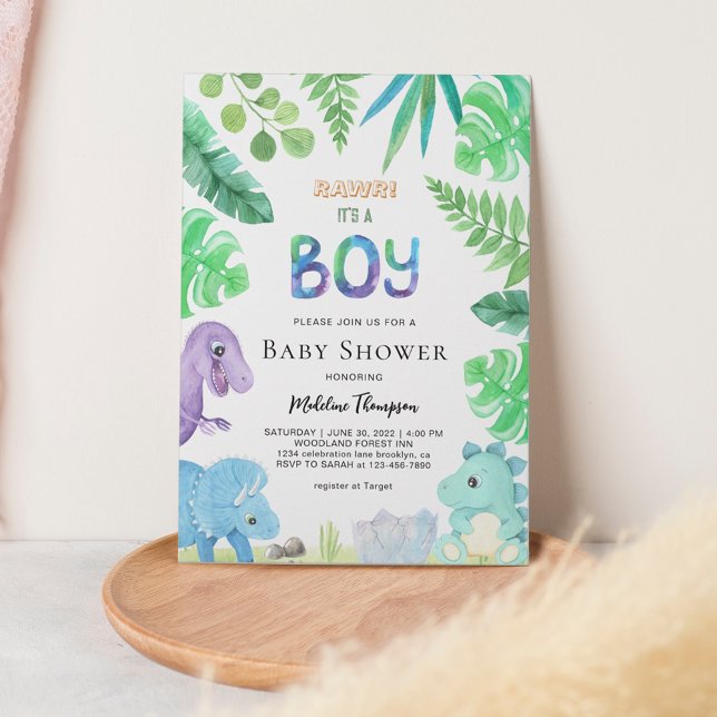 Cute Botanical It's A Boy Dinosaur Baby Shower Invitation (Creator Uploaded)