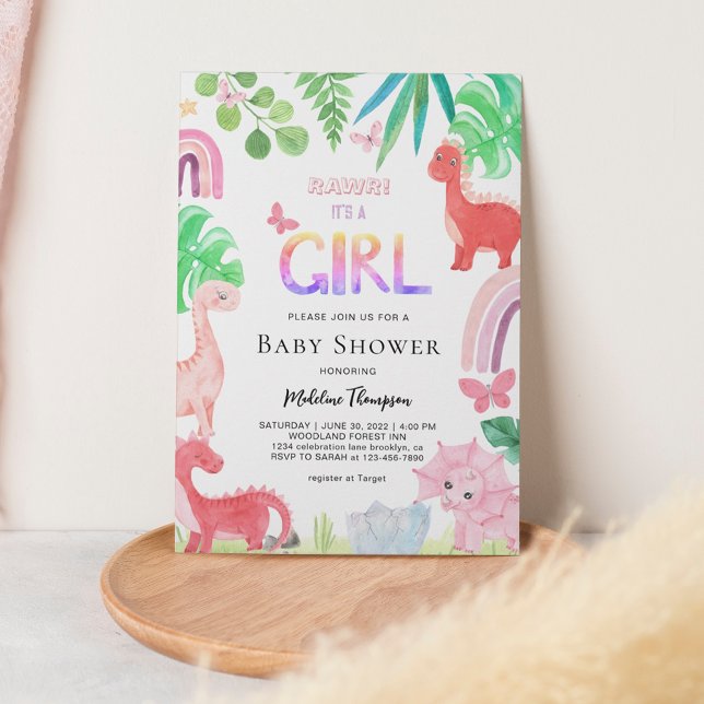 Cute Botanical It's A Girl Dinosaur Baby Shower Invitation (Creator Uploaded)