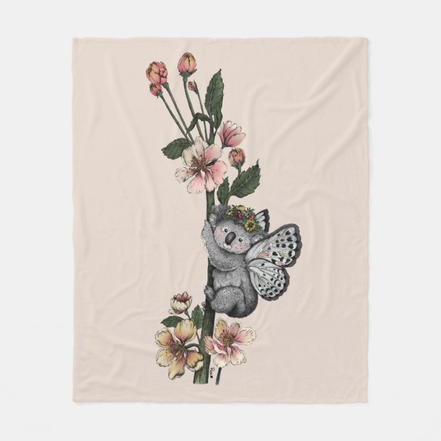 Cute Botanical Koala Beary Watercolor Illustration Fleece Blanket (Front)